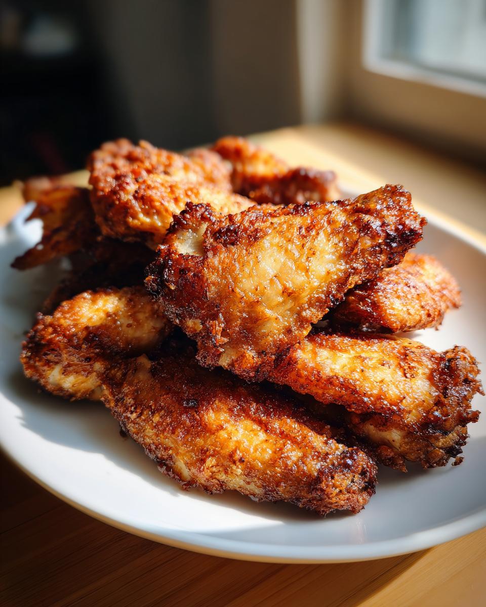 Close-up of golden brown, crispy baked chicken wings piled high on a white plate.