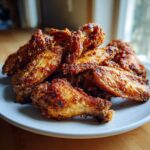 A close-up shot of a pile of golden brown, crispy baked chicken wings served on a white plate.