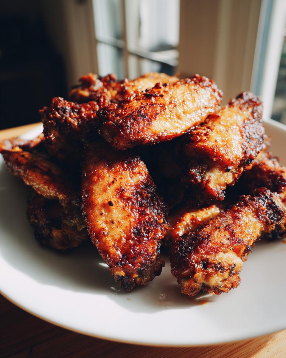A close-up stack of golden brown and crispy baked chicken wings piled high on a white plate.