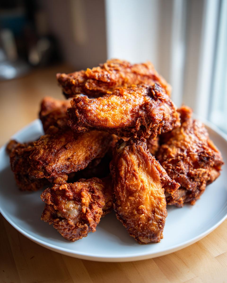 A pile of golden brown, crispy baked chicken wings stacked high on a white plate.