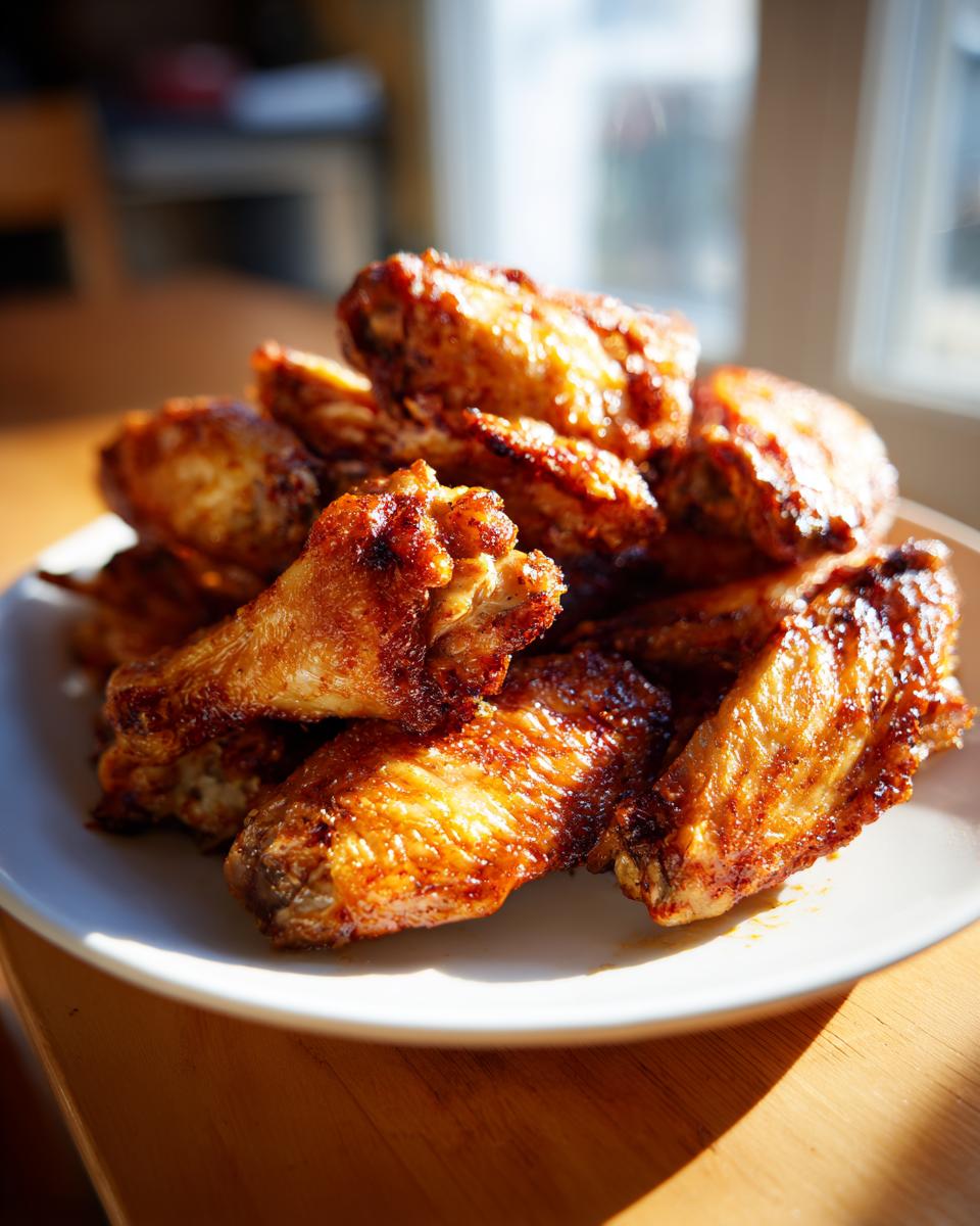 A pile of golden brown, glossy crispy baked chicken wings stacked high on a white plate in bright sunlight.