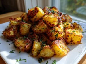 A mound of perfectly golden and crispy roasted breakfast potatoes seasoned with herbs on a white plate.