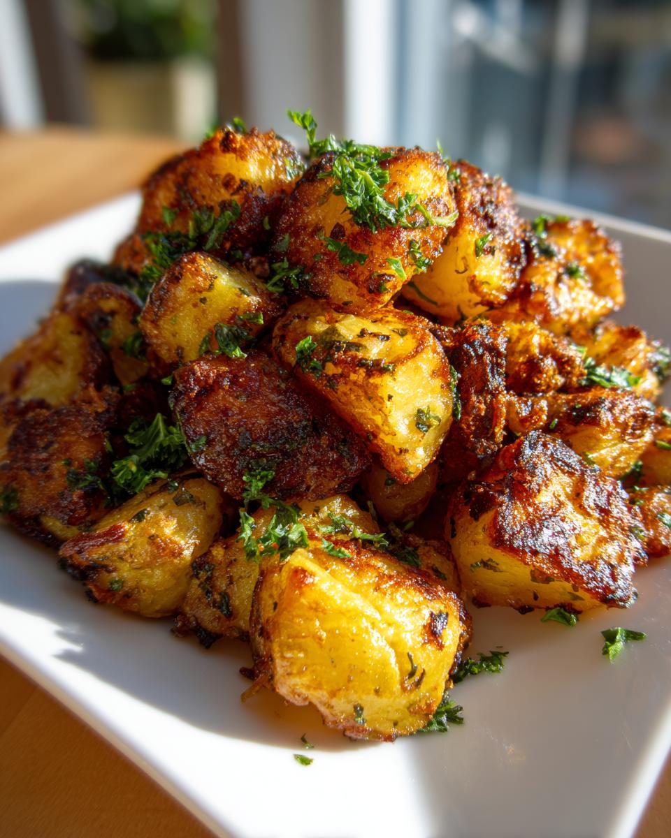 A close-up of golden brown, crispy breakfast potatoes seasoned and topped with fresh chopped parsley.