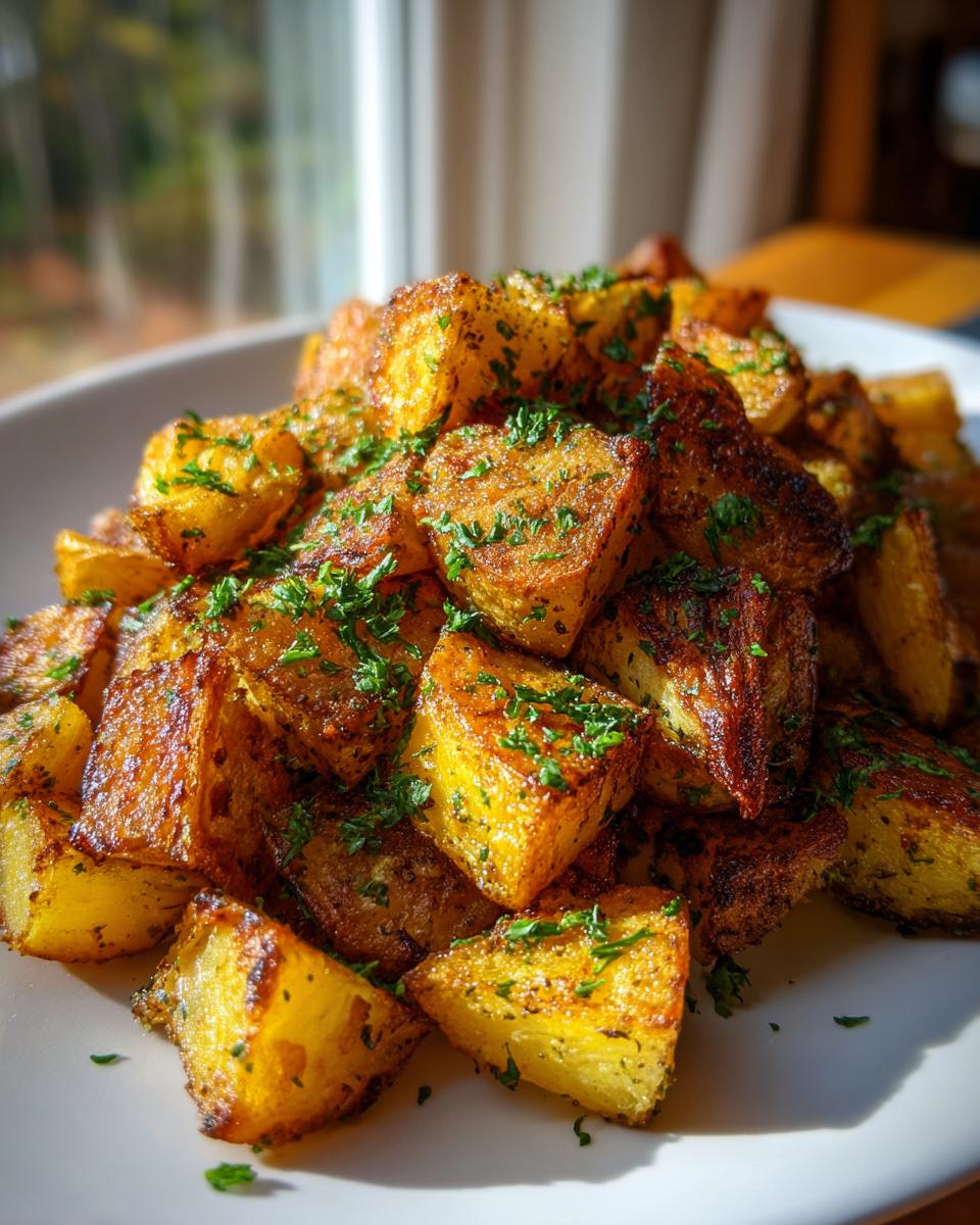 A close-up of perfectly crispy, golden brown breakfast potatoes seasoned and topped with fresh chopped parsley.