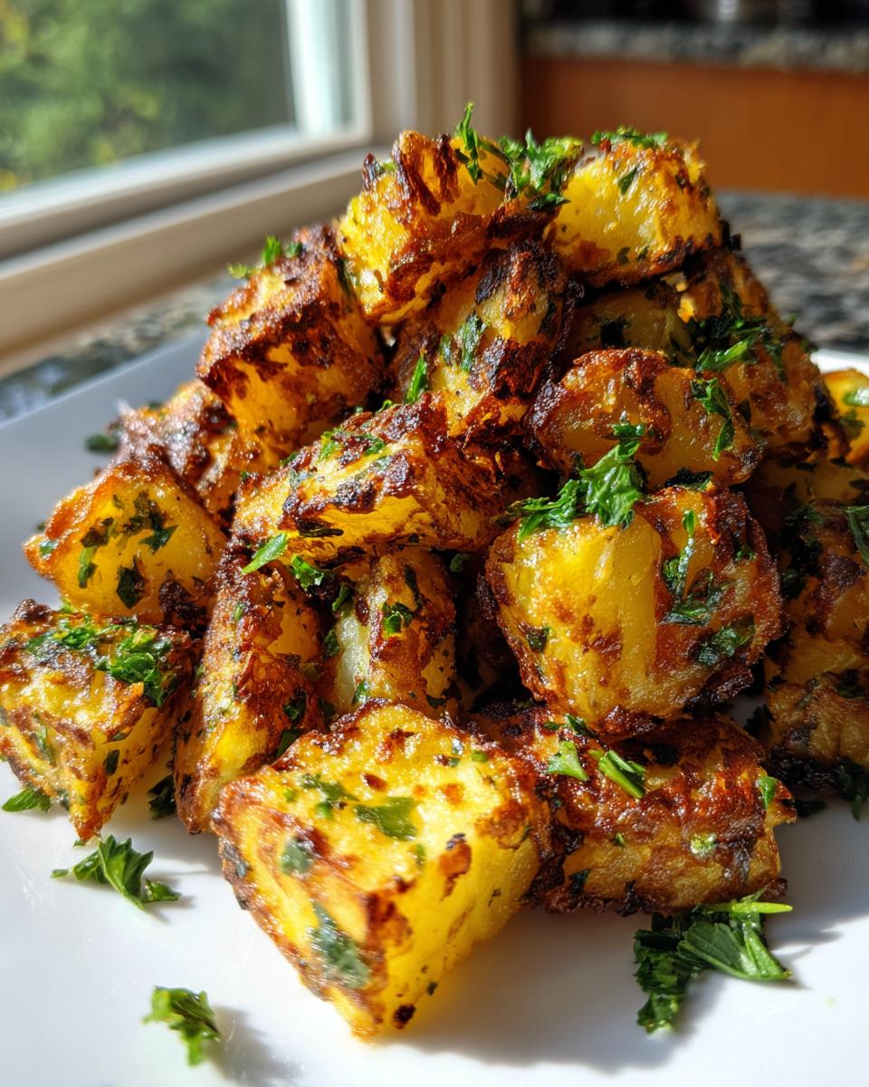A pile of golden brown, crispy breakfast potatoes seasoned and topped with fresh chopped parsley.