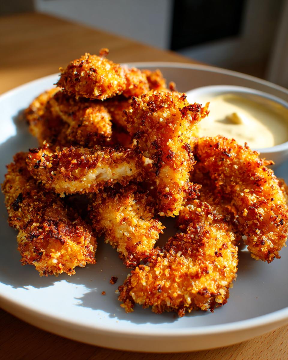 A close-up of golden brown, crispy coconut chicken pieces piled on a light blue plate next to a small bowl of yellow dipping sauce.