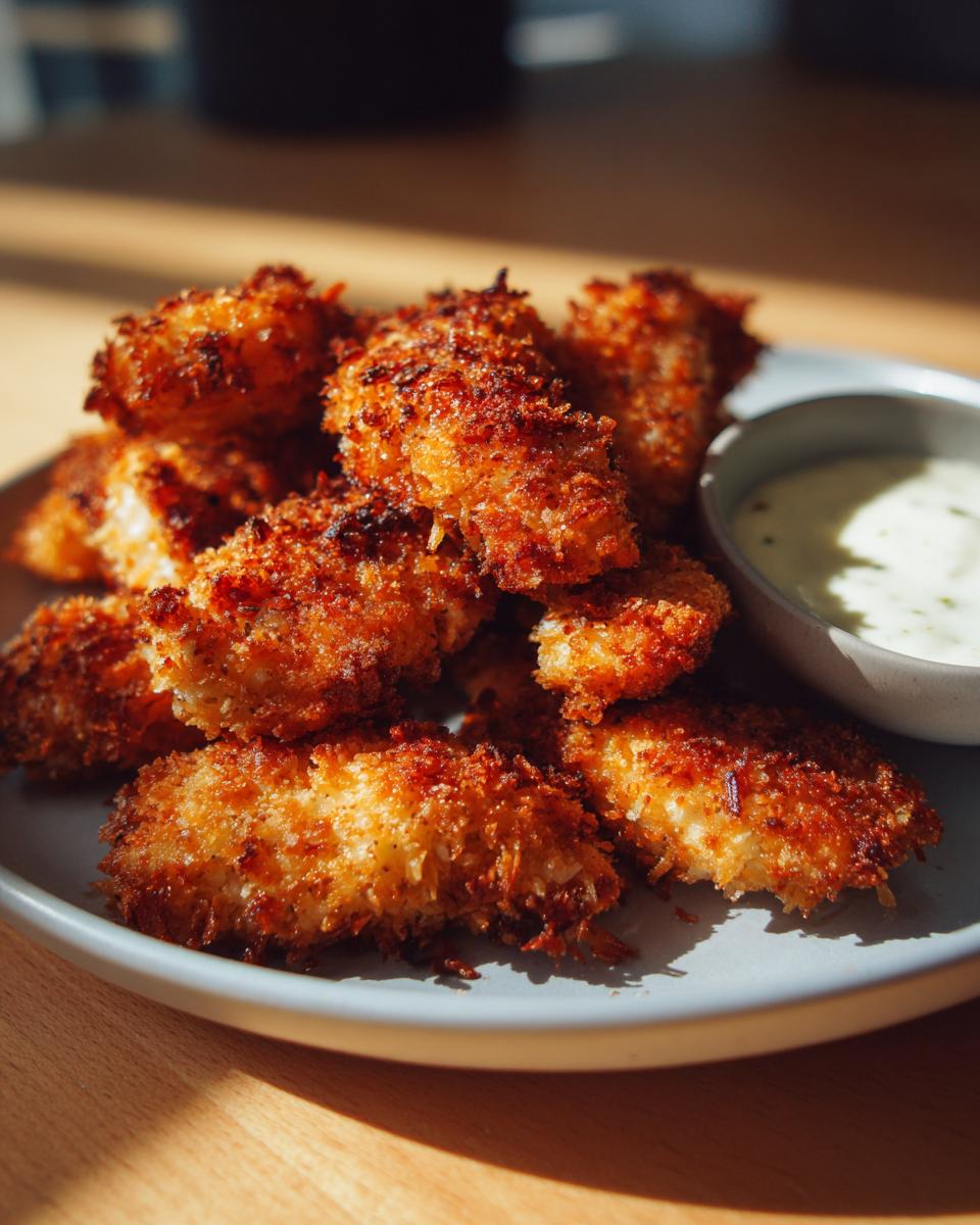 A plate of golden brown, crispy coconut chicken pieces served with a side of creamy dipping sauce.