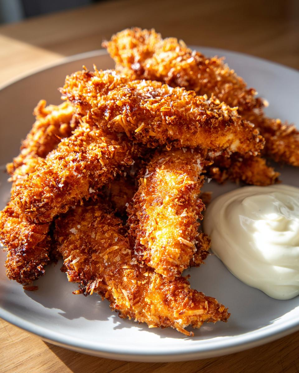 Golden brown, crispy coconut chicken tenders piled on a plate next to a dollop of white dipping sauce.