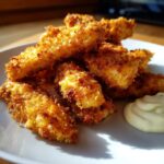 Close-up of golden brown, crispy coconut chicken tenders piled on a white plate next to a dollop of white dipping sauce.