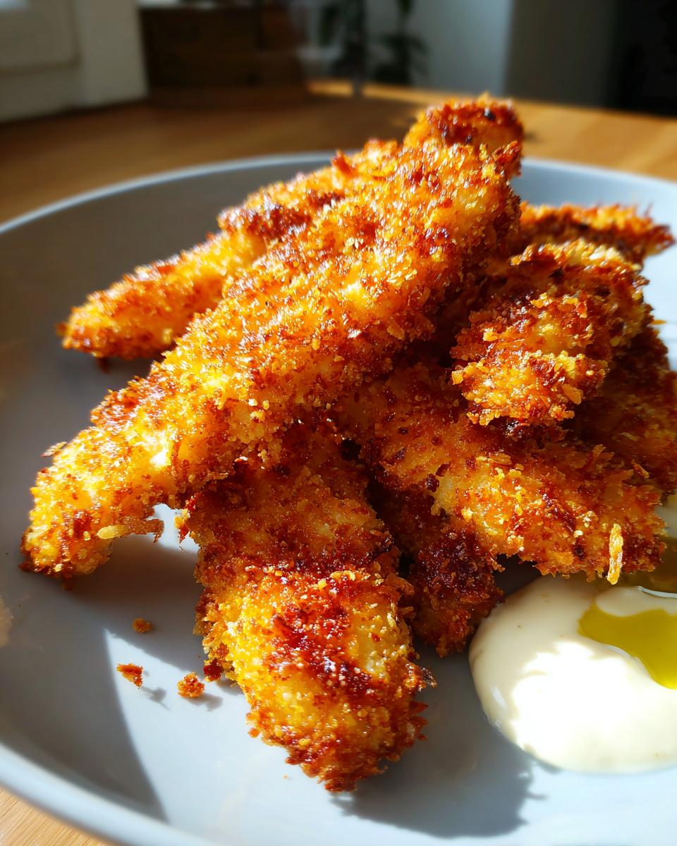 Close-up of golden brown, crispy coconut chicken tenders piled on a grey plate next to a dollop of white dipping sauce.