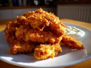 A pile of golden brown, crispy coconut chicken tenders served on a white plate with a side of white dipping sauce.