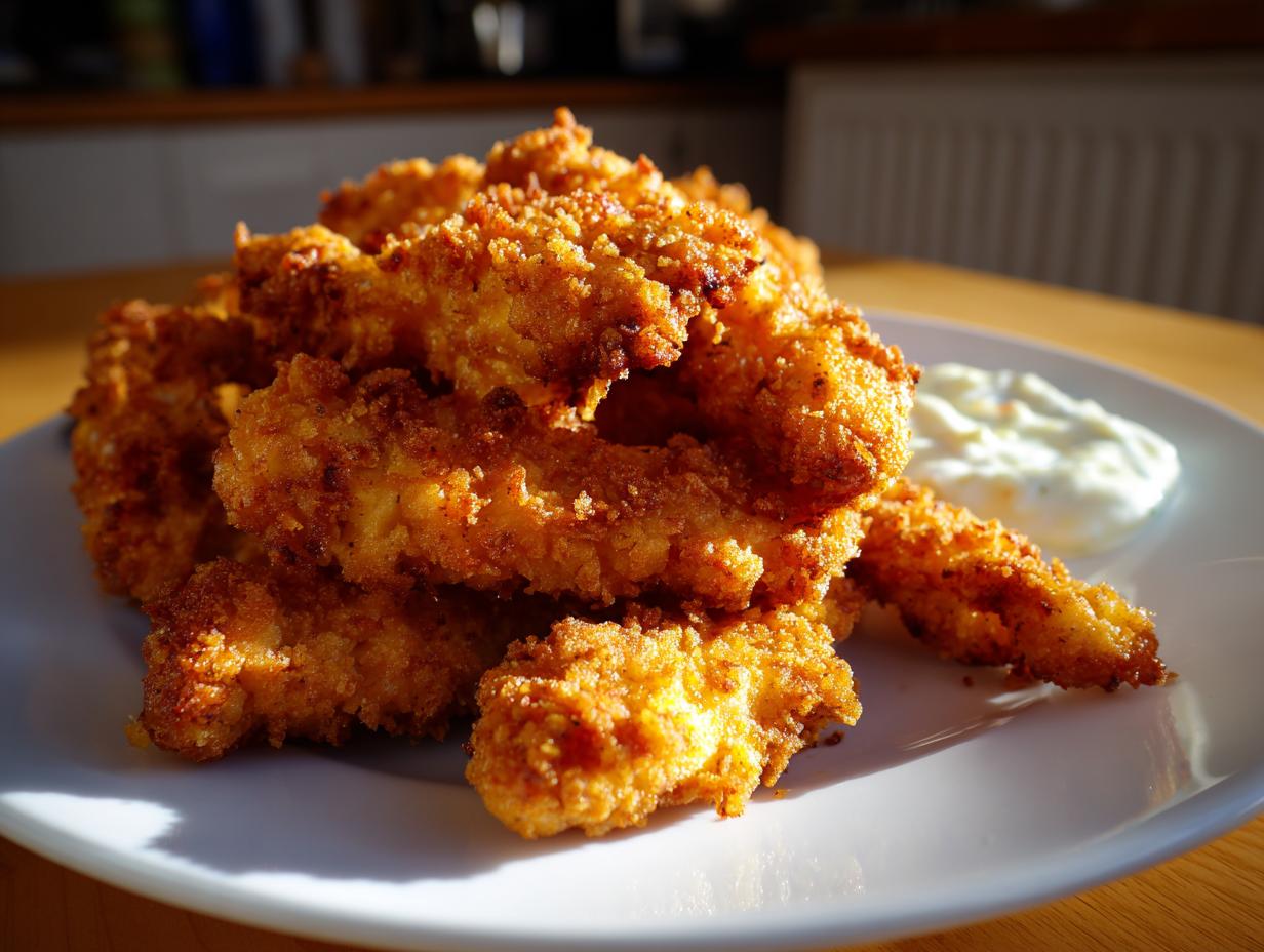 A pile of golden brown, crispy coconut chicken tenders served on a white plate with a side of white dipping sauce.