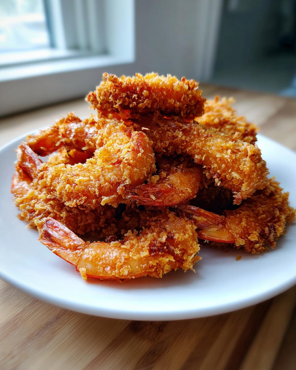 A mound of golden brown, extra crispy fried shrimp piled high on a white plate.