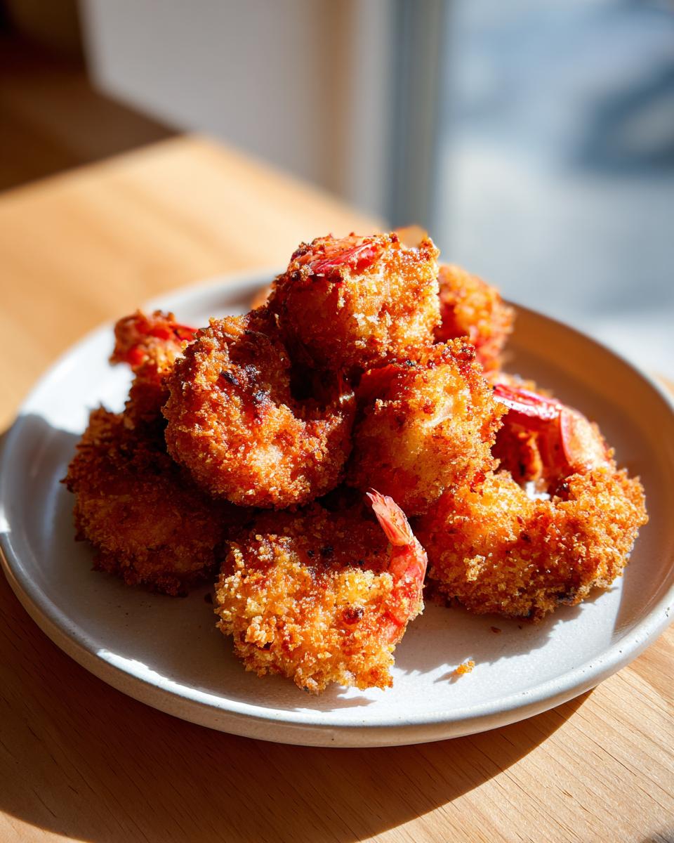A stack of golden brown, ultra-crunchy fried shrimp piled high on a light gray plate.