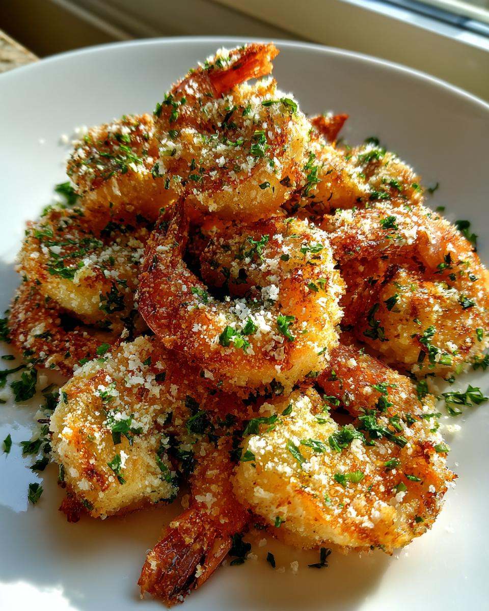 Close-up of golden, crispy air fryer shrimp piled high and topped with grated Parmesan and fresh parsley.