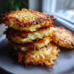 Close-up of a stack of four golden brown, crispy potato latkes showing shredded potato texture.