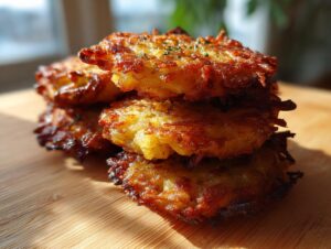 A close-up stack of four golden brown, crispy potato latkes resting on a wooden cutting board.