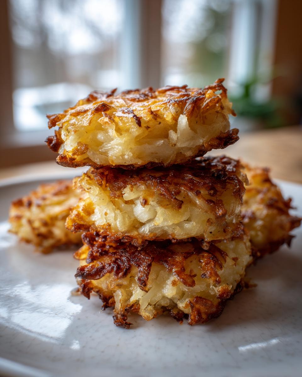 Close-up of three golden-brown, crispy potato latkes stacked on a light plate.