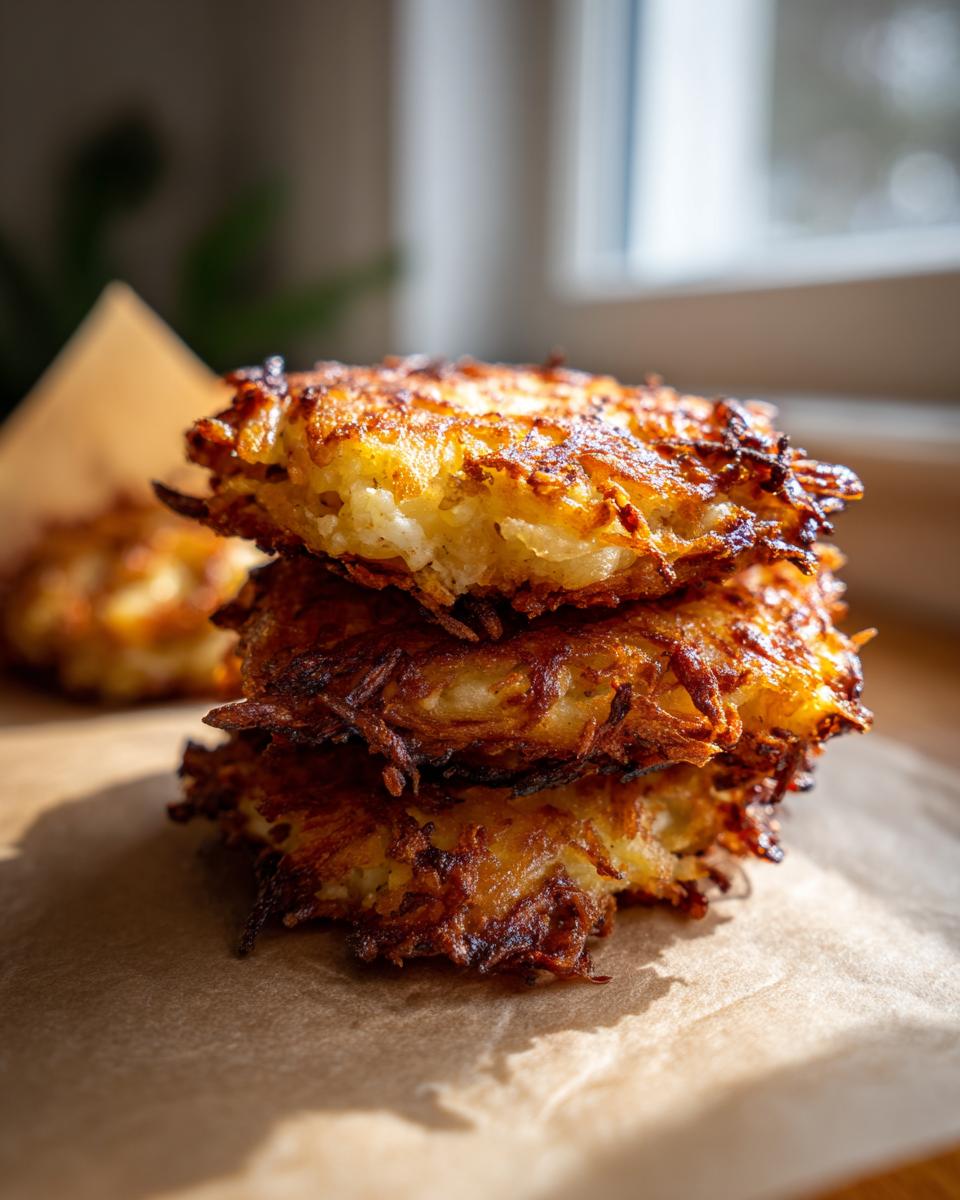 A close-up stack of three perfectly golden and crispy potato latkes resting on brown parchment paper.
