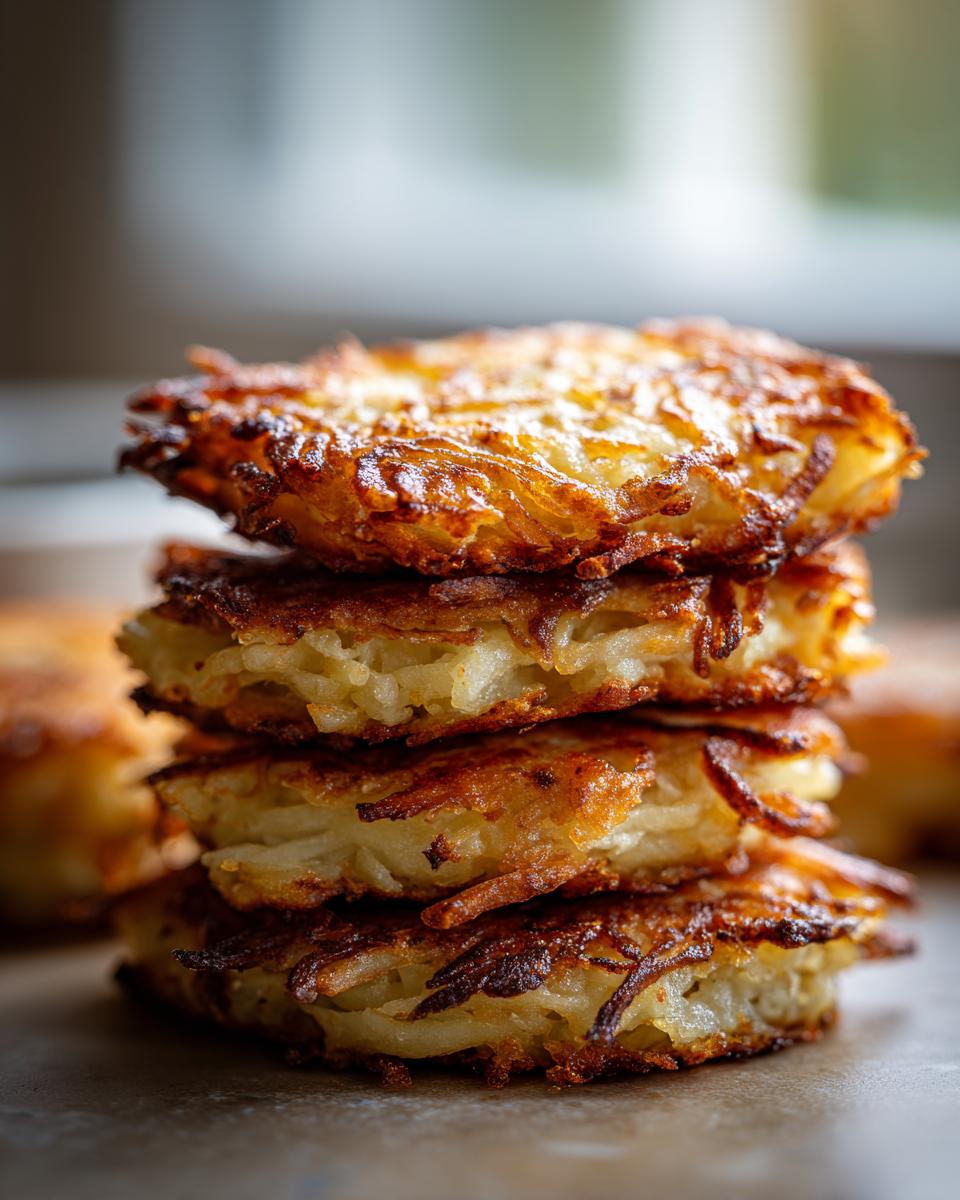 A close-up stack of four golden-brown, crispy potato latkes showing shredded potato texture.