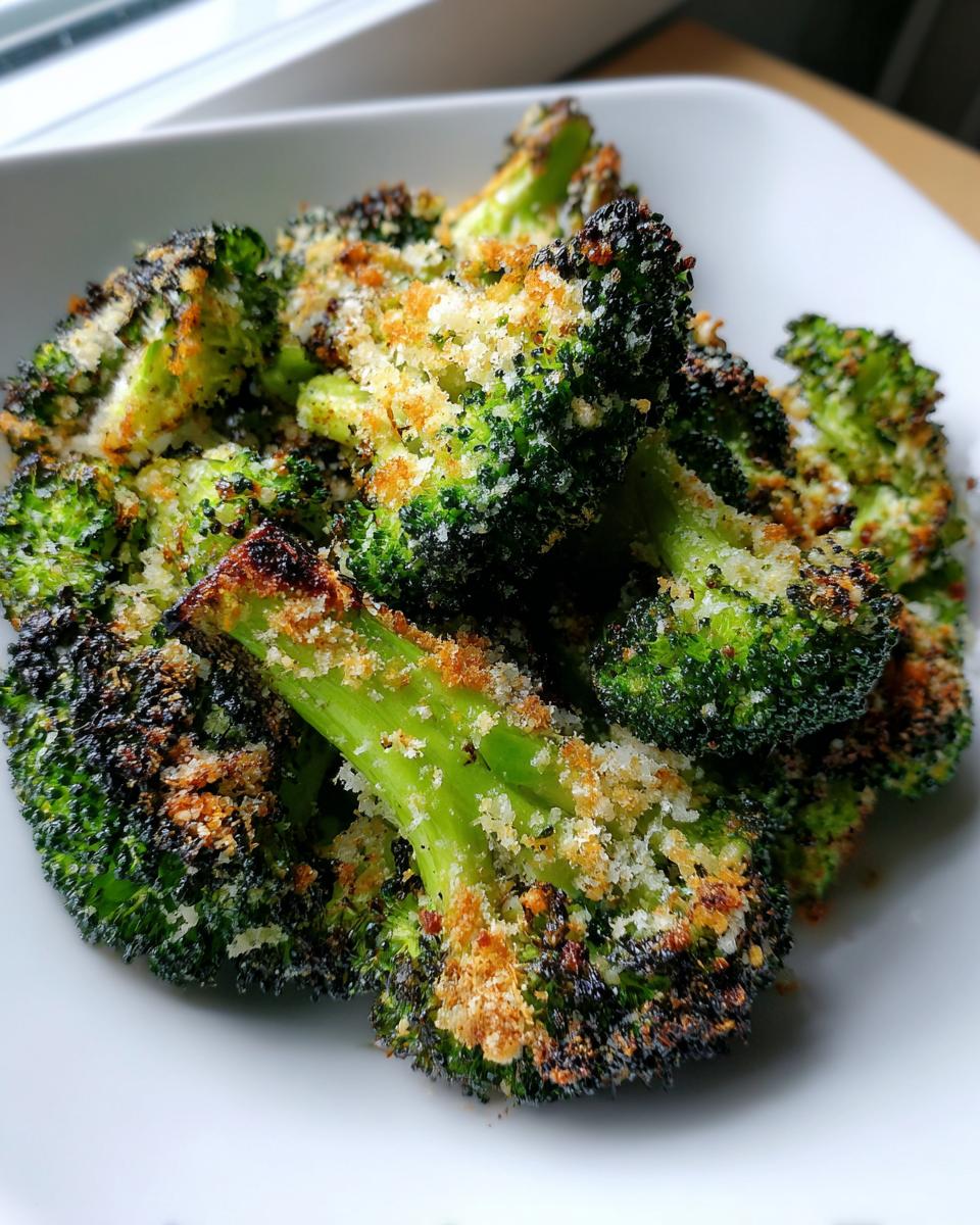 Close-up of perfectly roasted broccoli florets topped with crispy breadcrumbs, highlighting the char and vibrant green color.