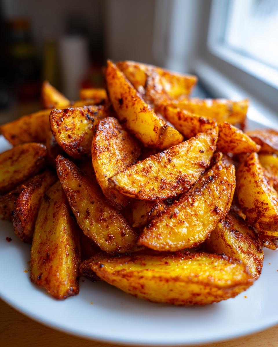 Close-up of a mound of perfectly cooked, golden brown air fryer potato wedges seasoned with paprika.