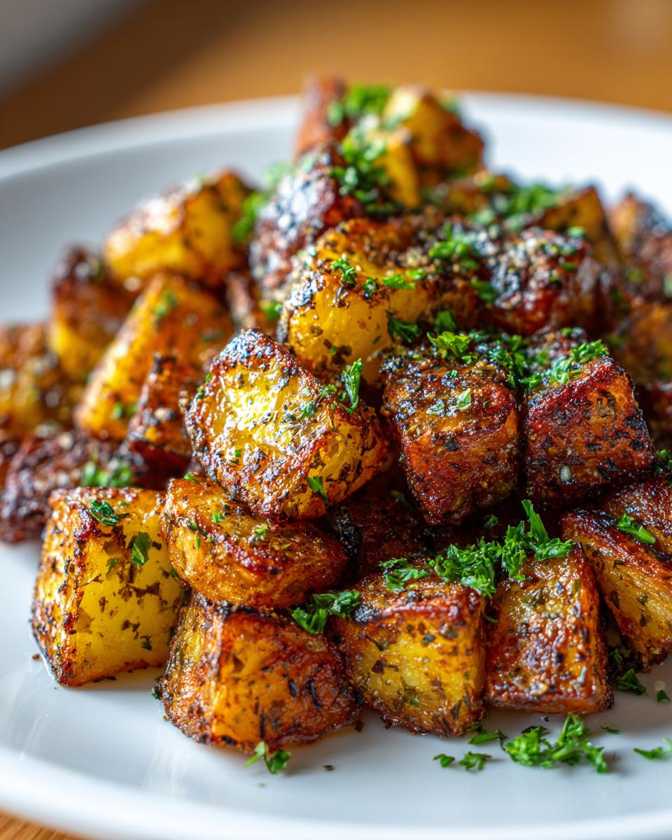 Close-up of golden brown, cubed breakfast potatoes seasoned with herbs and served on a white plate.
