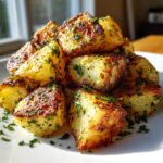 A close-up of golden brown, crispy breakfast potatoes seasoned with herbs on a white plate.