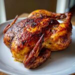 A whole roasted spatchcock chicken with deeply browned, crispy skin resting on a white plate.