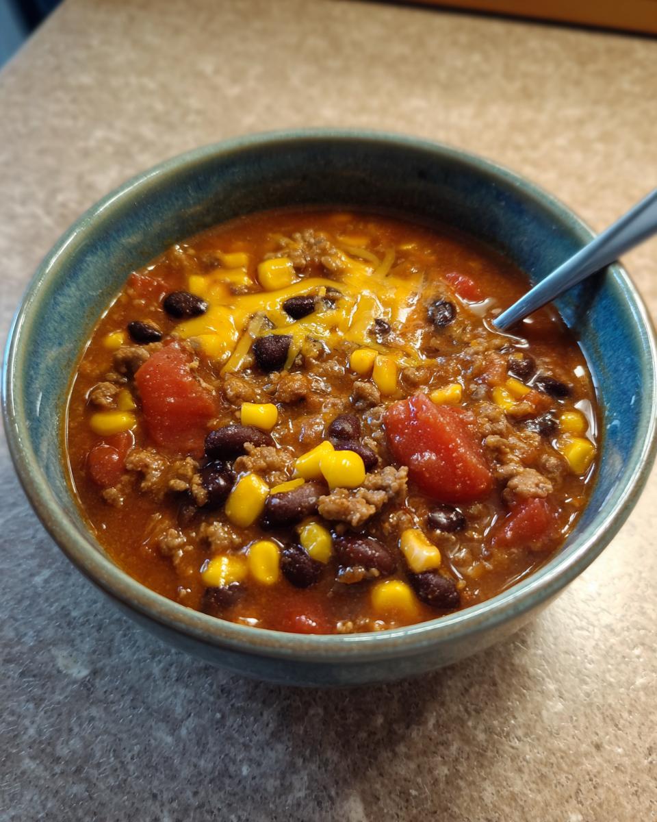 Close-up of a bowl of crockpot cowboy soup topped with melted cheese, corn, black beans, and tomatoes.