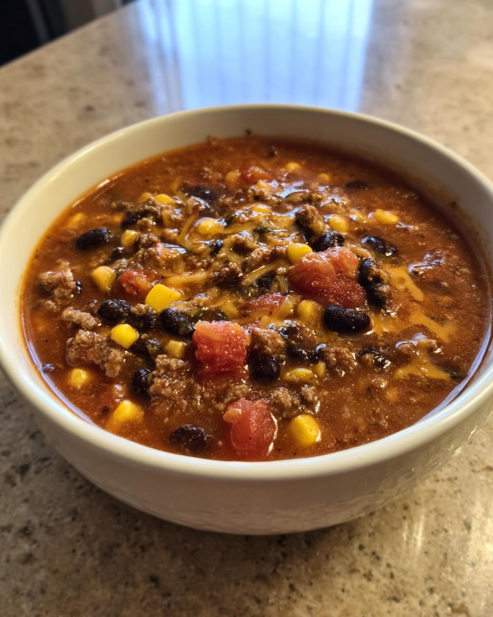 A close-up of a bowl of rich crockpot cowboy soup, featuring ground meat, black beans, corn, and melted cheese.