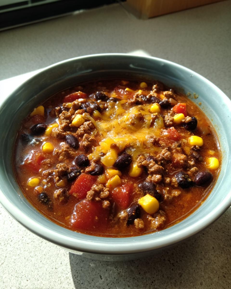 Close-up of a bowl of crockpot cowboy soup featuring ground beef, black beans, corn, tomatoes, and melted cheese.