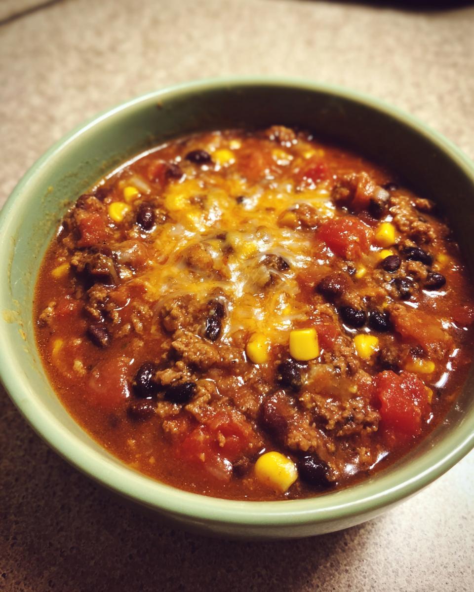 Close-up of a green bowl filled with hearty crockpot cowboy soup, featuring ground beef, black beans, corn, and melted cheddar cheese.