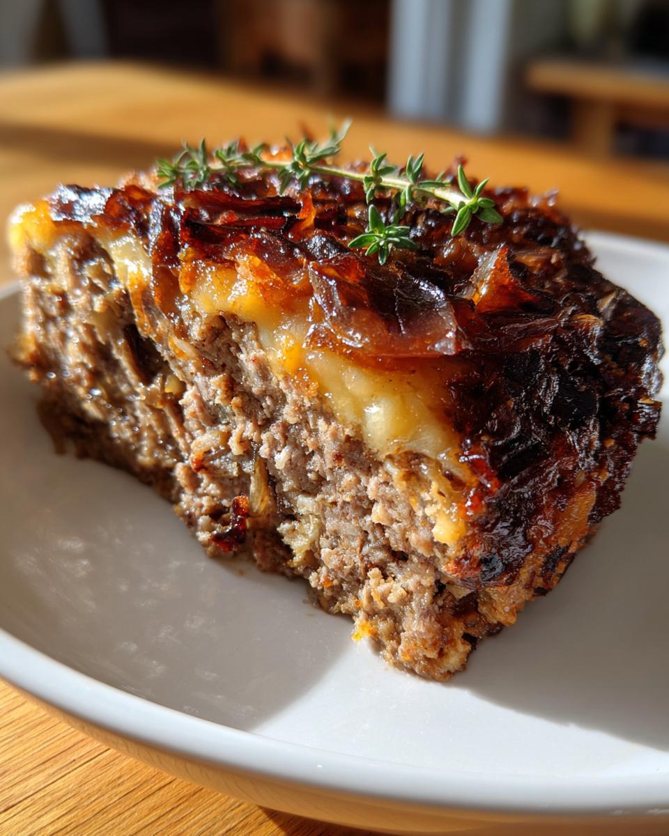 A thick slice of crockpot french onion meatloaf topped with caramelized onions and fresh thyme.