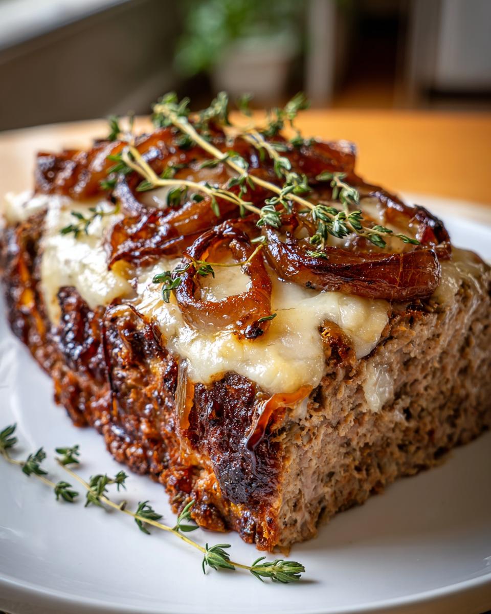 A close-up slice of crockpot french onion meatloaf topped with melted cheese and caramelized onions.