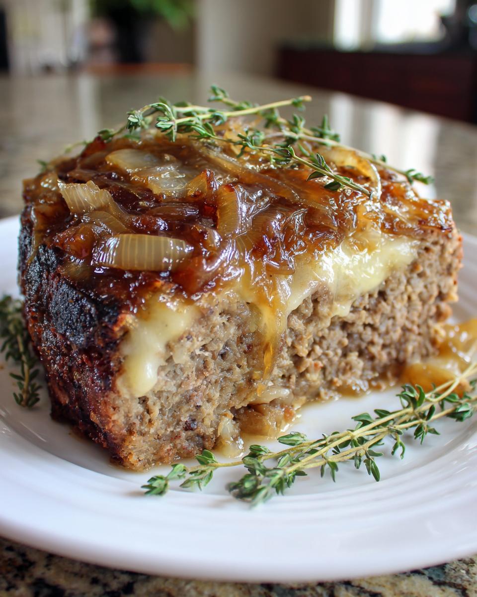 A thick slice of juicy crockpot french onion meatloaf topped with melted cheese and caramelized onions, garnished with fresh thyme.