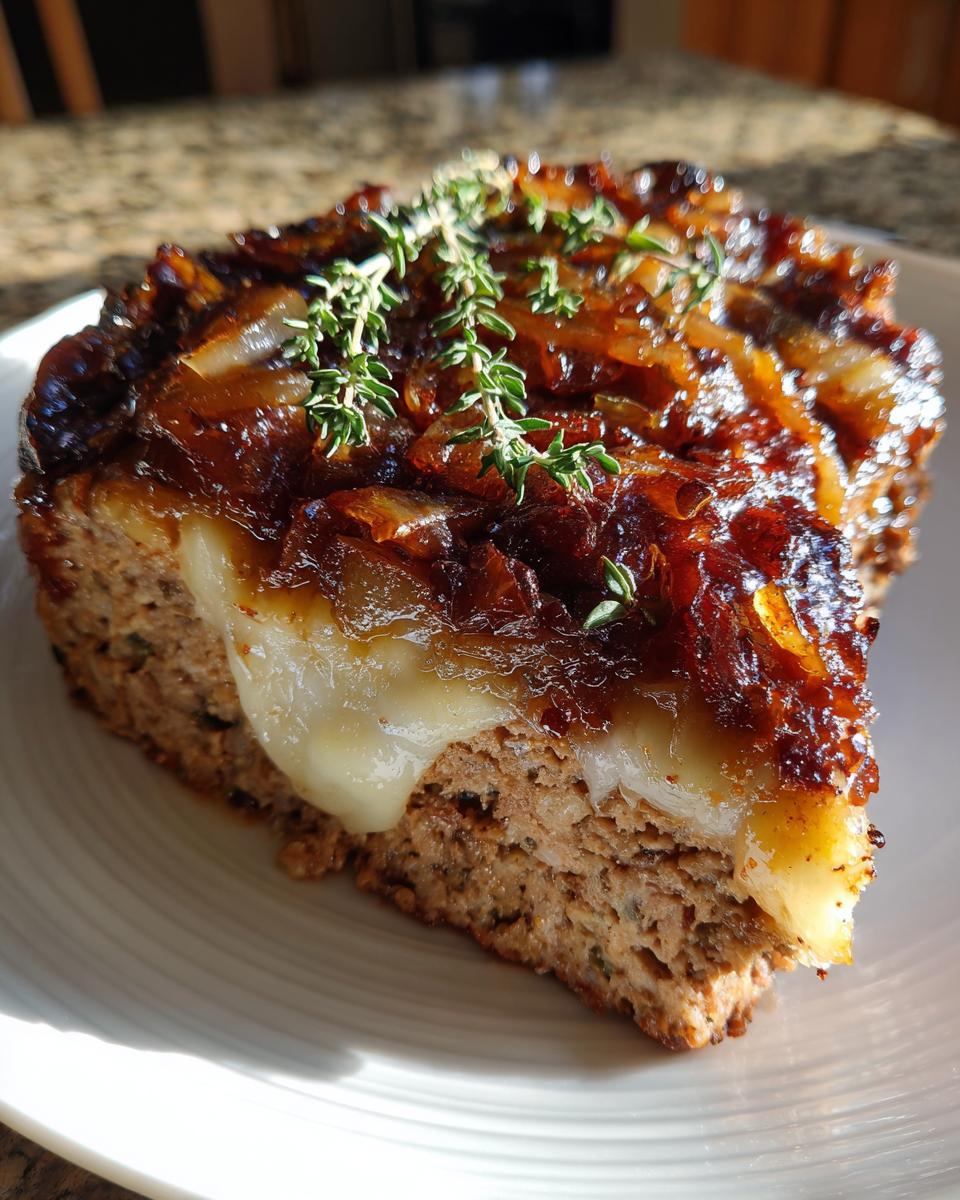 A close-up slice of crockpot french onion meatloaf topped with caramelized onions, melted cheese, and fresh thyme.
