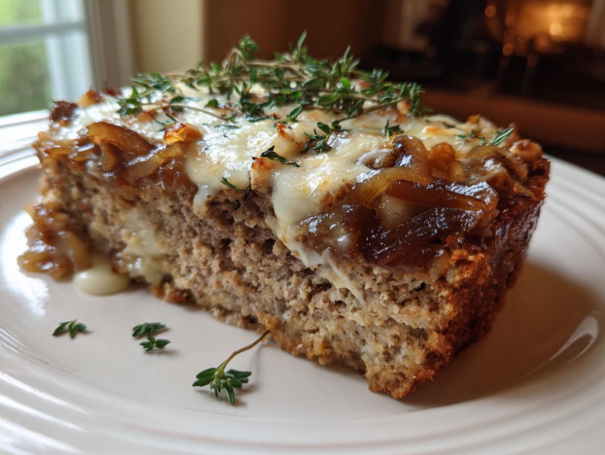 A thick slice of crockpot french onion meatloaf topped with melted cheese and caramelized onions, garnished with fresh thyme.