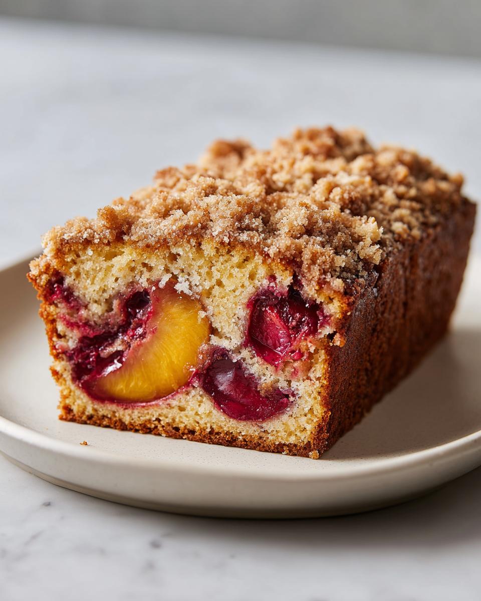 A close-up of a moist slice of plum cake featuring a crumb topping and baked-in pieces of red and yellow plum fruit.