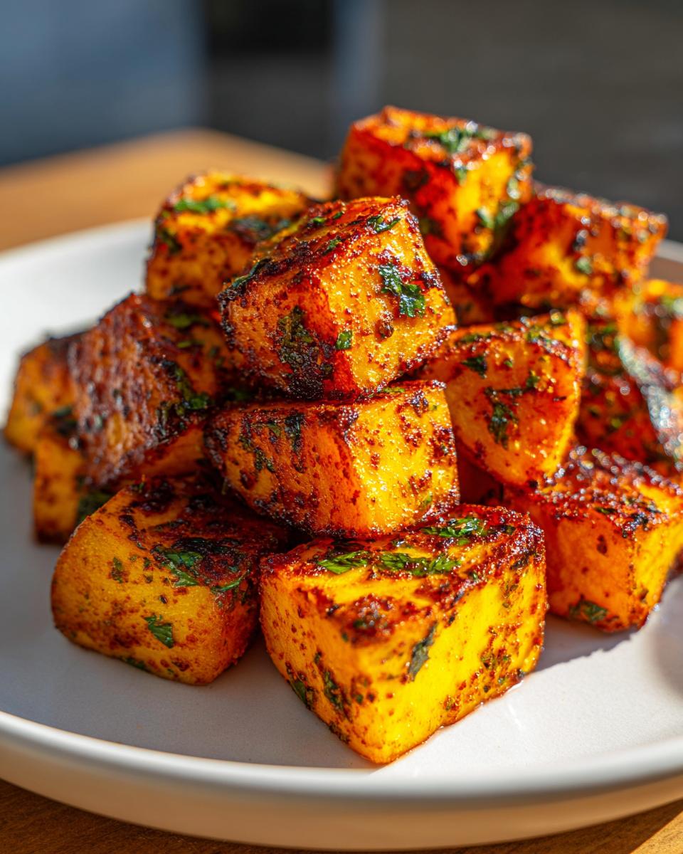 Close-up of golden-brown, cubed Mexican potatoes seasoned with spices and topped with fresh cilantro.
