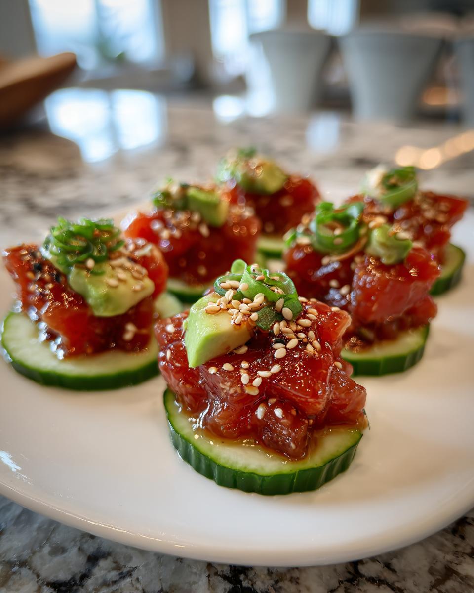 Five servings of tuna tartare stacked on cucumber slices, topped with avocado, scallions, and sesame seeds.