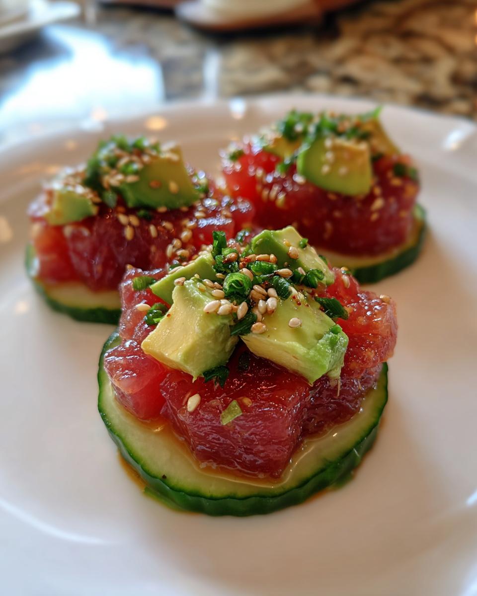 Three servings of tuna tartare stacked on cucumber slices, topped with avocado and sesame seeds.