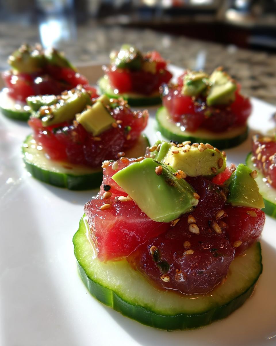Close-up of fresh tuna tartare mixed with sesame seeds, topped with avocado chunks, served on cucumber slices.