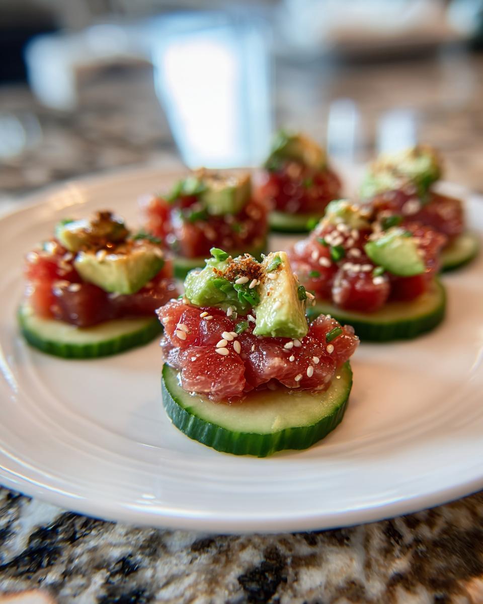 Close-up of five tuna tartare bites served on cucumber slices, topped with avocado and sesame seeds.