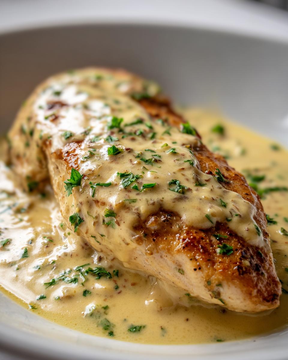 A perfectly seared chicken breast smothered in creamy Dijon chicken sauce, garnished with fresh parsley.