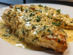 Close-up of perfectly cooked dijon chicken breast smothered in a creamy, herb-flecked sauce.