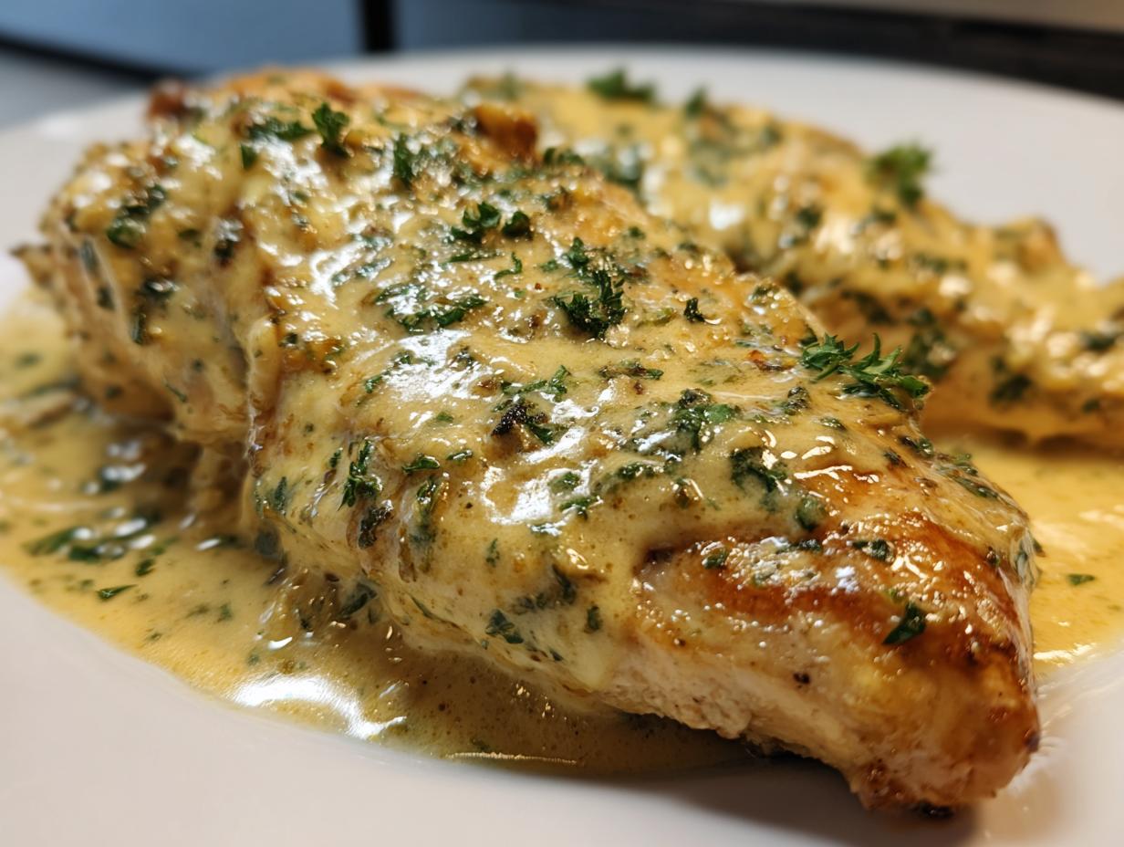 Close-up of perfectly cooked dijon chicken breast smothered in a creamy, herb-flecked sauce.