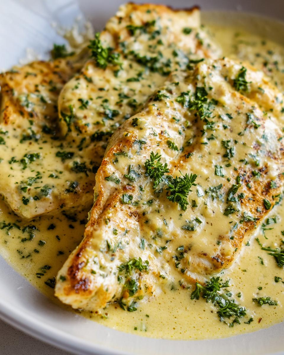 Three pan-seared chicken breasts smothered in a creamy, yellow Dijon chicken sauce and topped with fresh parsley.