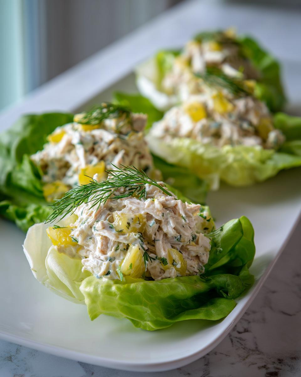 Three servings of creamy dill pickle chicken salad piled high in crisp butter lettuce cups, garnished with fresh dill.