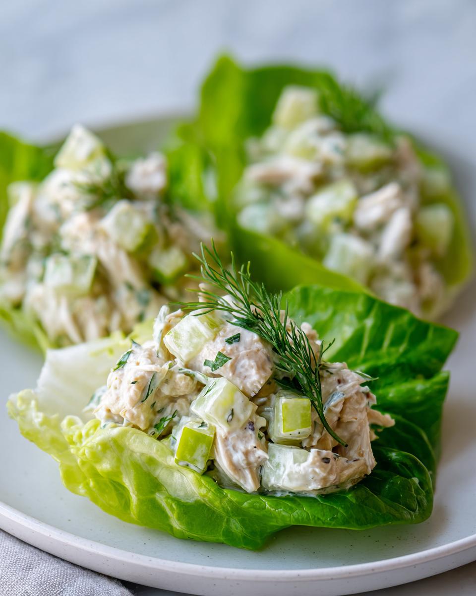 Close-up of dill pickle chicken salad served in bright green lettuce cups, garnished with fresh dill.